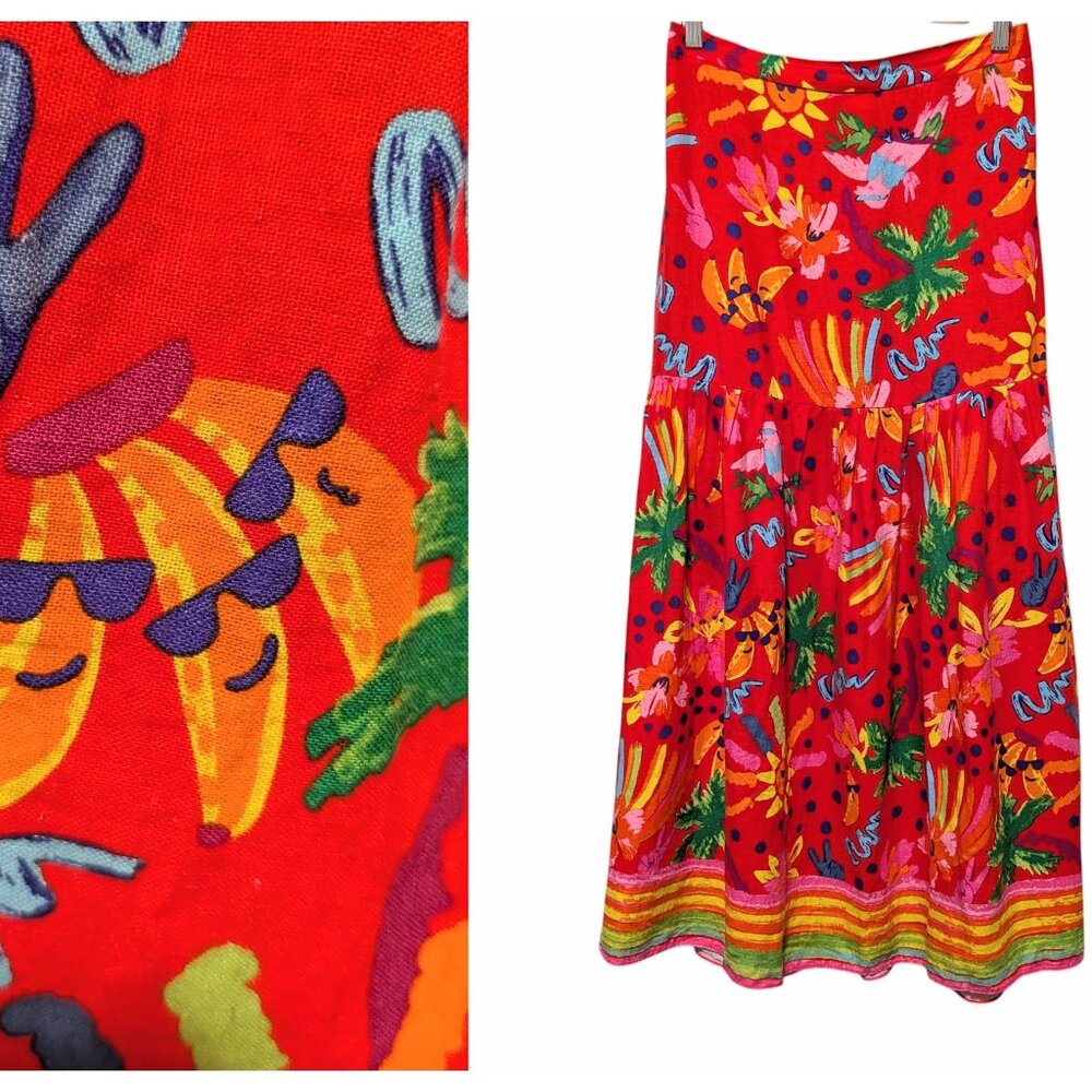 Maison d'Amelie Womens Size S Red Tropical Print Linen Rayon Pull On Midi Skirt